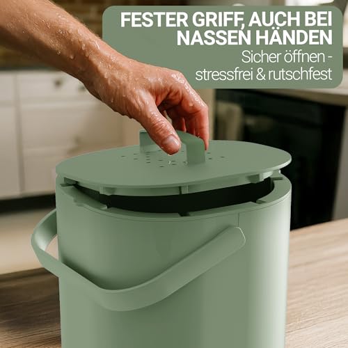 PTMS® Biomülleimer Küche 6L - Biomüll mit Aktivkohlefilter & Deckel zum Einhängen - geruchsdicht, spülmaschinenfest und Innensieb - Komposteimer Küche in modernem Design - in 5 Farben