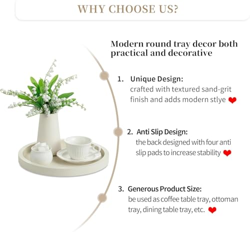 Image of WOOYNEX Round Decorative Tray Serving Trays for Food and Drinks Rustic Wooden Coffee Table Trays Home Decor Farmhouse Centerpiece One Set of Ottoman Kitchen countertops (White)