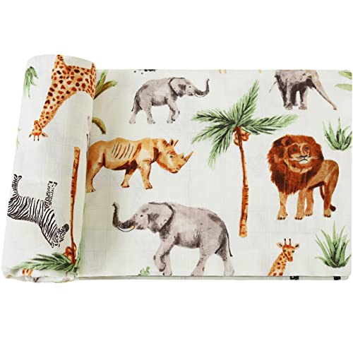 LifeTree Manta Muselina, Manta Verano Bebé 120x120 cm, Súper Suave Mantas Envolventes de Muselina Recien Nacido, 70% Bambú & 30% Algodón, Safari Cover