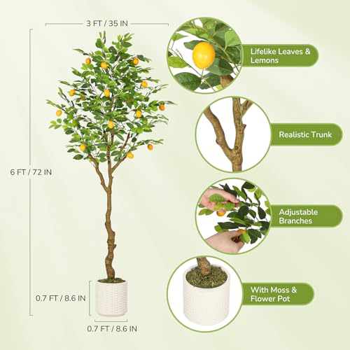GarveeHome 6FT Artificial Lemon Tree Indoor, Pre Potted Faux Lemon Tree with Realistic Fruit and Lifelike Leaves, Fake Lemom Plant with 100 Lights for Indoor Home Decor Office Living Room