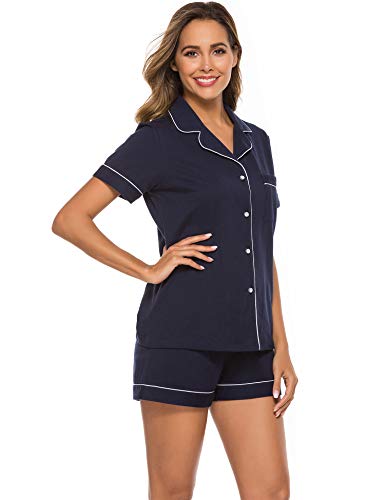 Colorfulleaf Womens 100% Cotton Pajamas Short Set Soft Short Sleeve Sleepwear Button Down Summer Pjs Set With Pockets(Navy Blue, Large) #TOP1