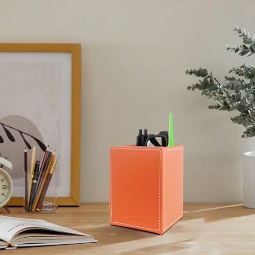 Image of Pen Pencil Holder Cup Container PU Leather Desk Organizer Stand Decor Brush Scissor Holder Decoration Office Desk Home School (Orange, 3.54 inch x 3.54 inch x 4.72 inch)