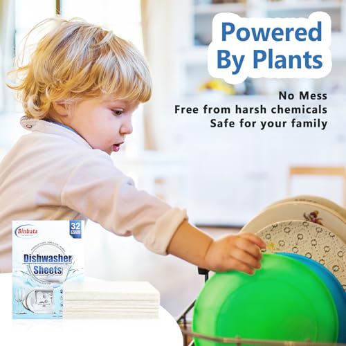Image of Binbata Upgraded Eco Dishwasher Detergent Sheets Up To 32 Loads, Unscented Plastic Free Dishwashing Soap Strips With High Efficient Solid Enzyme, Leaving Dishes Sparkling Clean