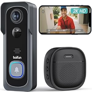 BOIFUN Wireless Doorbell Camera with Chime – 166° Wide Angle View, 2K HD Video, Quick Wake Up and Motion Detection, 6700mAh Battery, Intelligent HDR Night Vision, Two-Way Audio (No Subscription)
