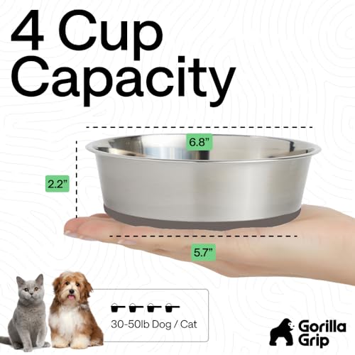 Image of GORILLA GRIP Dog Bowls, Food Grade 304 Stainless Steel, Holds 4 Cups Each (32 fl oz) Food and Water Bowl for Feeding Dogs and Cats, Dishwasher Safe, Rust Resistant, BPA Free Rubber Base Set of 2 Beige