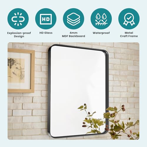 Image of NEWBULIG 24X36 Inch Bathroom Wall Mirror, Vanity Bathroom Mirrors for Over Sink Tempered Glass, Anti-Rust Metal Framed Rounded Rectangle, Hangs Horizontally or Vertically, Farmhouse Home Decor, Black