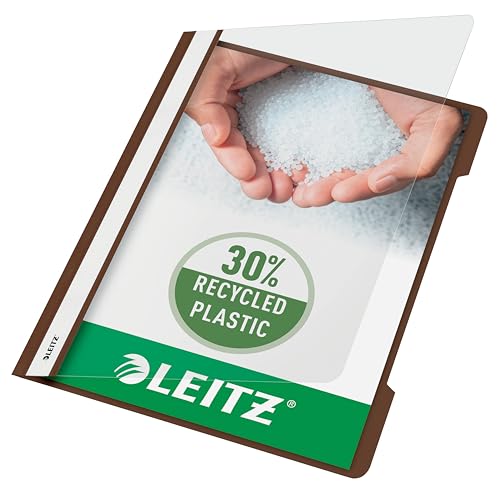 Leitz A4 Standard Schnellhefter, 25er Pack, 30% Pre-Consumer Recycling-Kunststoff, Hefter für A4-Blätter, 60 Blatt Kapazität, Ideal als Dokumententasche für Schule, Haushalt oder Büro, Braun, 41910075