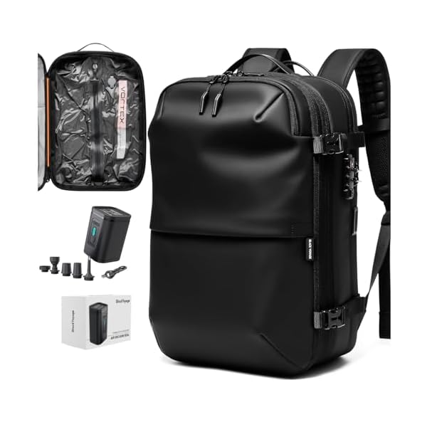 BlackVoyage Vortex Vacuum Seal Travel Backpack 60L Expandable Air Compression System Water Resistant TSA Lock Carry-On Suitcase Luggage Black AERO - Vacuum Pump Included