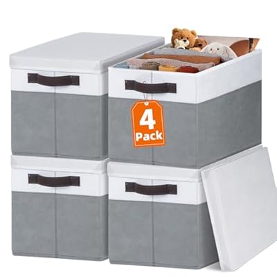 Criusia Large Storage Baskets Bins with Lids 4 Pack, Storage Baskets for Organizing Shelves Nursery Bedroom, Home Closet Organizers Cubes for Clothes Toys Blanket - Stackable & Sturdy -14x10x9.5