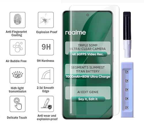 Image of FabeKee UV Premium Tempered Glass Screen Protector Guard Compatible For Realme 15 5G / Realme 15 Pro 5G (6.8 Inch, Pack of 1) Full Adhesive UV Curved Case Friendly HD Clarity