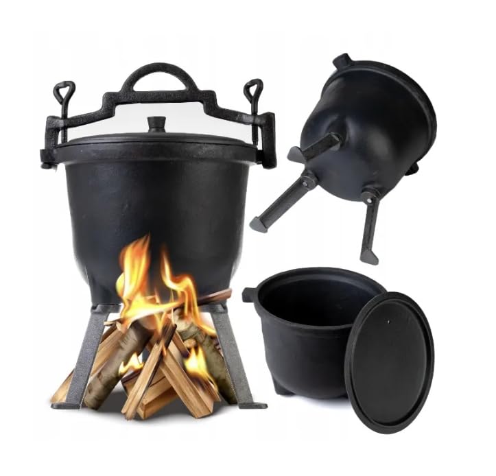 BDW Chaudron en fonte avec trois pieds, marmite de chasse hongroise, 8 litres, avec couvercle et pieds, chaudière de sorcière, marmite à griller Cauldron