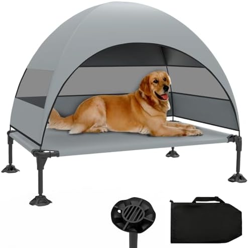 Elevated Dog Bed with Canopy, Raised Outdoor Dog Cot Bed with Upgraded Stable Anti-Slip Feet, Portable Pet Cot Bed with Removable Wider Canopy Shade Tent, Raised Dog Bed for Large Dog Indoor Outdoor-L