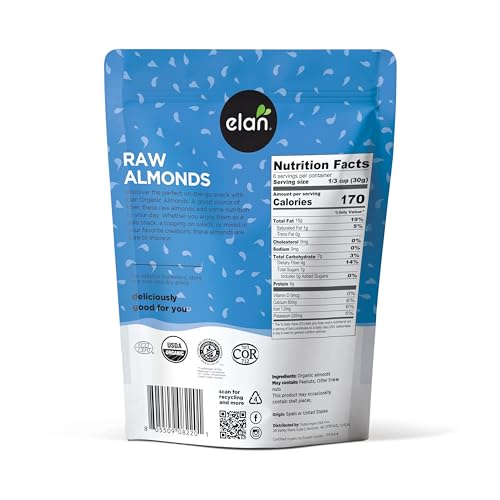 Elan Organic European Raw Almonds, 8 pack of 7.0 oz, Unsalted, Unroasted, Raw Nuts, Non-Gmo, Vegan, Gluten-Free, Kosher, Healthy Snacks