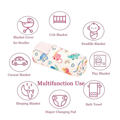 Image of Soft Plush Baby Blankets for Girls with Print Dinosaur Pattern and Soothing Raised Dots, Double Layer Bed Throws for Baby Infant Toddler Nursery Crib,30x40 Inches (Pink)