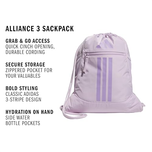 Image of adidas Alliance Sackpack - Drawstring Backpack Small Bag for Men and Women, 3 /Ice Lavender /Powder Plum Purple, One Size, Alliance Sackpack - Drawstring Backpack Small Bag for Men and Women
