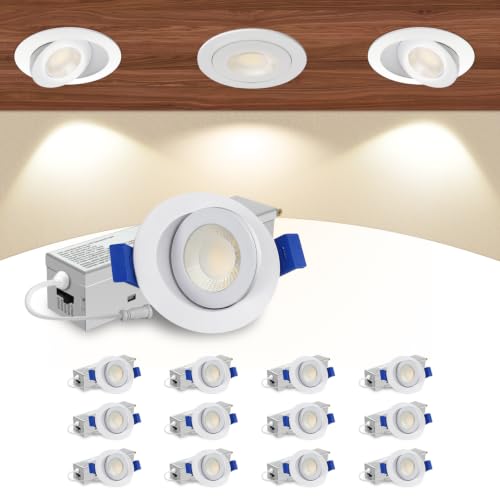 Aosclex 2 Inch 5CCT Gimbal LED Recessed Lighting with Jbox 360+90 Adjustable Directional Downlight Dimmable Eyeball Canless Recessed Lights 2700K-5000K Selectable 5W 550LM ETL (White 12 Pack)