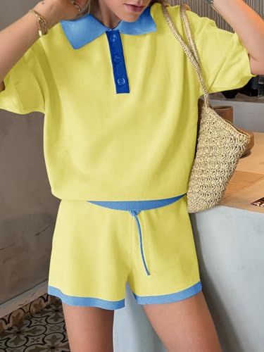 Image of Tankaneo Womens 2 Piece Short Sets Short Sleeve Knit Tops Vacation Outfits | Sweater Fabric, 2026 Summer, Collared, Matching Lounge Set