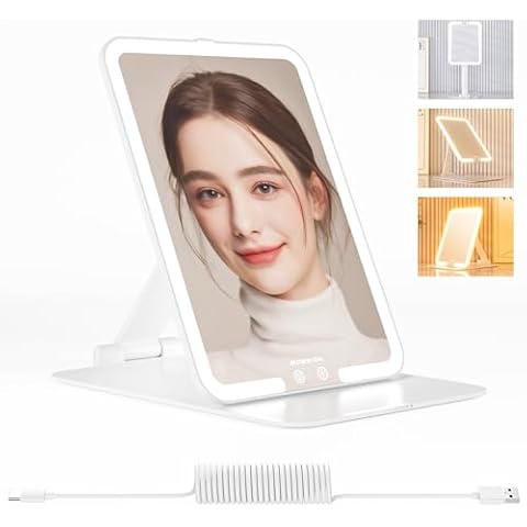 wobsion Travel Makeup Mirror, 7.4 * 5.1in Rechargeable Portable Folding Makeup Mirror with Lights, 3 Colors Light Up Mirror with 48 LEDs,Dimmable,Multiple Angles and High Adjustable,Gift,White Cover