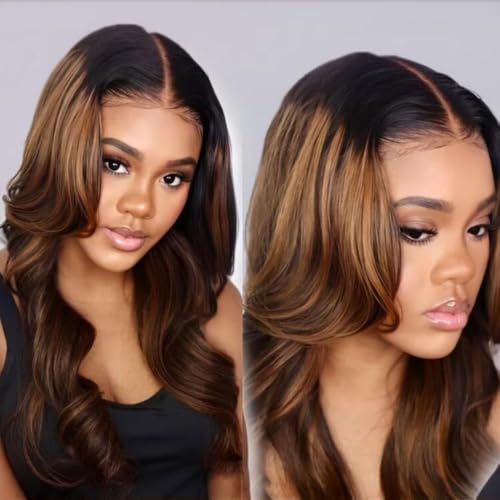 Image of KLAIYI Ombre Brown Body Wave Lace Front Wigs Human Hair Highlight Balayage 13x4x1 T Part Ear to Ear Lace Wig Pre Plucked with Baby Hair Easy to Wear and Go Wigs for Black Women Natural Hairline 20Inch