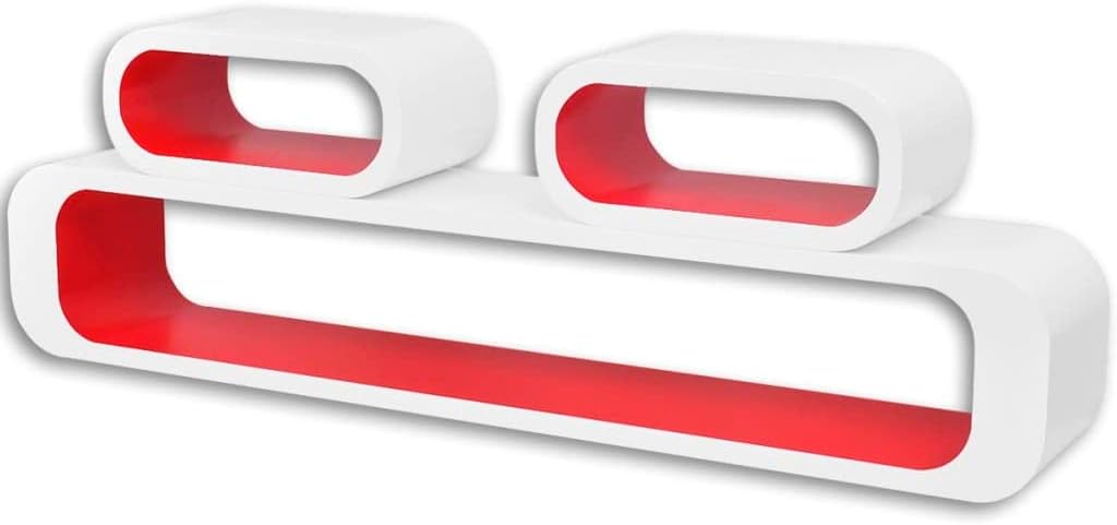 3 White-Red MDF Floating Wall Display Shelf Cubes, Invisible Mounting System, Book/DVD Storage, Modern Room Decor for Living Room, Bedroom, or Bathroom