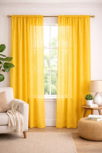 Image of THE LINEN COMPANY Cotton Sheer Curtains - Linen Texture Transparent Drapes with Rod Pocket, Light Filtering Privacy Curtains for Small Windows, 4 Feet, Lemon, Pack of 2