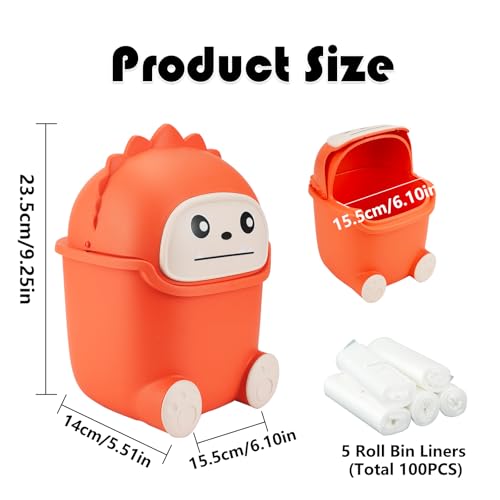 Image of Mini Trash Can with Flip Lid, Cute Monster Desk Trash Garbage Can with 100 Trash Bags, Tiny Wastebasket Trash Can for Car, Home, Office, Kitchen, Tabletop, Bedroom, Bathroom (Orange)