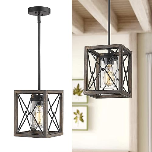 zeyu 1-Light Farmhouse Pendant Light, Vintage Cage Mini Hanging Light for Kitchen with Clear Glass Shade in Wood and Black Finish, 011-1 WF/BK