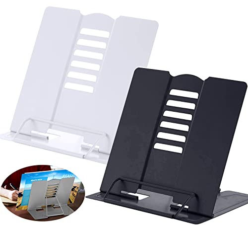 2 Pezzi Leggio in Metallo per Libro, Supporto per Ricettario Regolabile 6 Altezze Regolabile Lettura Porta Libri per la Cucina Ufficio Scuola Libri, Cuochi, Ricette, iPad, Tablet (Nero+Bianco)