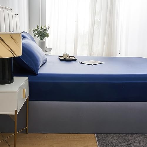 JHCHMX Double Fitted Sheet Navy Blue, Deep Pocket (35cm) Soft Polyester Satin Bed Sheet - Image 3
