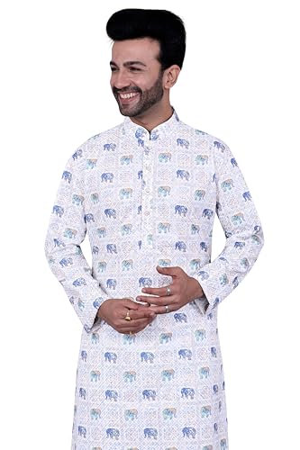 Men Blue Elephant Printed Kurta with Pajama, Mandarin Collar, Regular Fit4