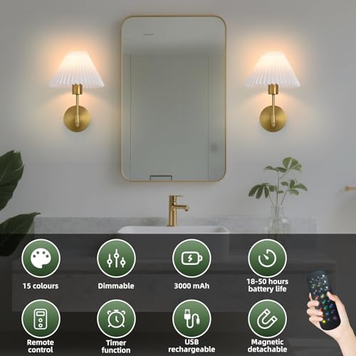 Image of Battery Operated Wall Sconces Set of 2, Gold Rechargeable Wall Lights with Remote, Dimmable Wall Lamp with Pleated Shade,15 Colors Wireless Bathroom Wall Sconce for Bedroom Living Room Hallway