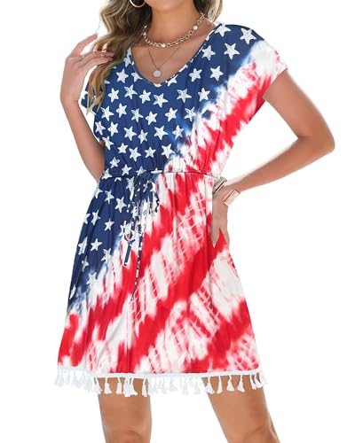 Bsubseach American Flag Dresses for Women Short Sleeve Beach Cover Up Patriotic Midi Dress 4th of July Beach Dress