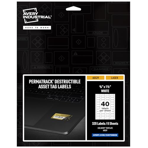 Image of Avery White Asset Tag Labels, 3 /4 inch x 1-1 /2 inch, Destructible Laser Printable Tags, 329 Waterproof Labels (60529)