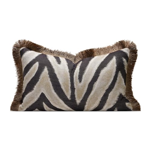 AIBU HOME Luxury Zebra Lumbar Pillow Cover with Brown Tassel Trim, Zebra Pattern Jacquard Design Decorative Pillow Case for Sofa Bedroom Living Room, 12x20 Inch (Single Pack)