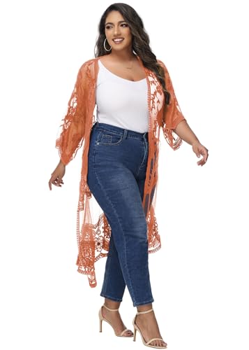 Image of Anna-Kaci Women's Plus Size Lace Cardigan Embroidered Long Kimono Dusters with Half Sleeves