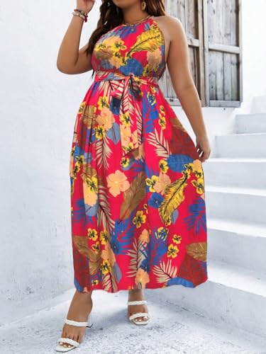 Image of Floerns Women's Plus Size Boho Sleeveless Halter Neck Tie Back A Line Long Dress