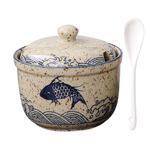 TuYines Azucarero de cerámica, Azucarero con tapa y cuchara, Tarros de especias de cerámica, Tarro de especias con tapa para azúcar, sal, queso