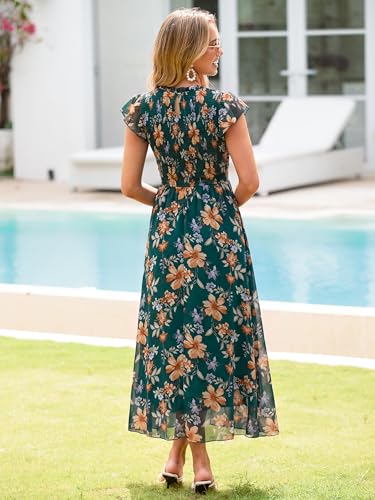 BerryGo Womens Floral Maxi Dress Ruffle Cap Sleeve Chiffon Smocked Western Dress Modest Flowy Wedding Guest Dress Fall Trendy Fashion Teacher Outfits Green Orange L — view 4