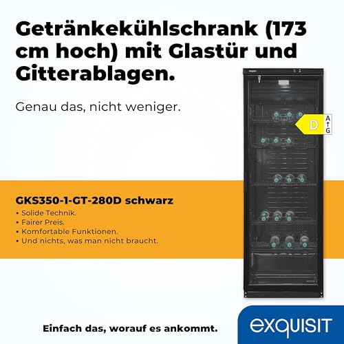 Exquisit Glastürkühlschrank GKS350-1-GT-280D schwarz | 320 Liter Nutzinhalt | LED-Innenbeleuchtung | Umluftventilator | Türschloss