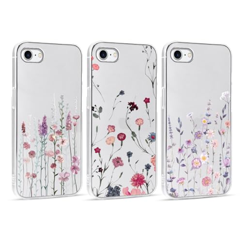 Foonary 3 Piezas Transparente Funda para iPhone 7/8/SE 2020/SE 2022 4,7", Aesthetic Dibujos Diseño Motive Carcasa, Ultra Fina Suave Silicona Cover Anti-arañazos Antigolpes Bumper Case, Flores 01
