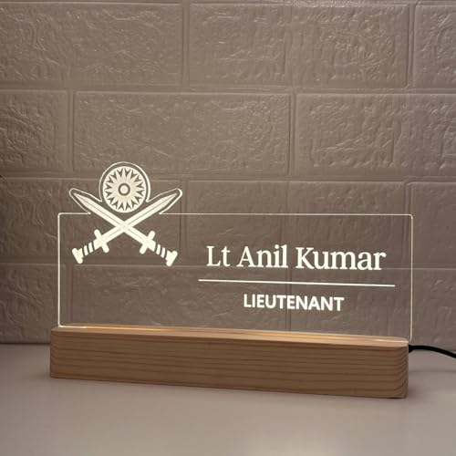 Image of Personalized Acrylic Desk Name Lamp for Army Officers | Custom LED Light with Name, Designation & Regimental Crest | Lieutenant, Major, Colonel, Brigadier, General Gift | Best Indian Army Gift (10 x 6 inch) (For Army Officer)