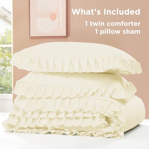 Image of Litanika Cream Twin Size Comforter Sets, 2 Pieces Ruffle Farmhouse Aesthetic Bedding Comforter Sets, All Season Soft Lightweight Fluffy Microfiber Bed Set(66x90In Comforter, 1 Pillowcase)