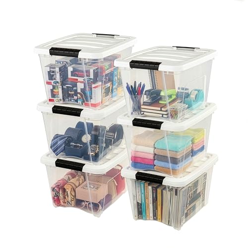 Image of IRIS USA 19 Qt Stackable Plastic Storage Bins with Lids, 6 Pack - BPA-Free, Made in USA - See-Through Organizing Solution, Latches, Durable Nestable Containers, Secure Pull Handle - Clear /White