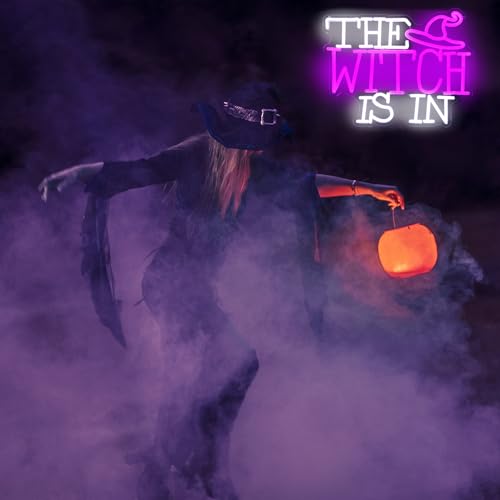 Image of The Witch Is In Neon Sign Gothic LED Lamp for Wall Halloween Party Decor | Dimmable Witch Hat Neon Light, Purple White Letter Neon Wall Sign, Acrylic Halloween LED Sign, Haunted Mansion House Decor
