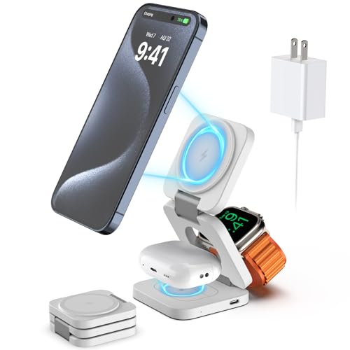 Foldable 3 in 1 Charging Station for Apple, KU XIU Fast Magnetic Wireless Charger Compatible with iPhone 15 14 13 12 Pro/Max/Plus, 5W for Apple Watch 9/8/7/6/5/4/3/2/SE/Ultra 2, AirPods 3/2/Pro(White)