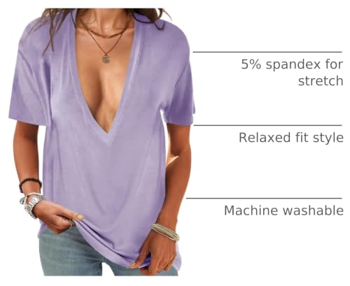Image of UNCLECAT Womens Deep V Neck T Shirts Summer Oversized Short Sleeve Tops | V Neck, Sexy, Solid, Loose Fit, Casual, Trendy, Going Out, Daily Wear, Workout