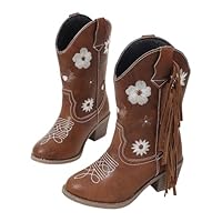 Girls Cowboy Boots for Kids, Embroidered Floral Fringe Western Cowgirl Boots, Girls Mid - Calf Leather Block Heel Boots, Fashion Footwear for Halloween, Party, Cosplay & Daily Wear Brown
