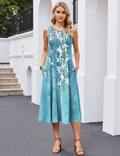 Image of HOTOUCH Summer Casual Dresses for Women Sleeveless Midi Dress Swing Tank Sundress Pleated Tshirt Dress with Pockets