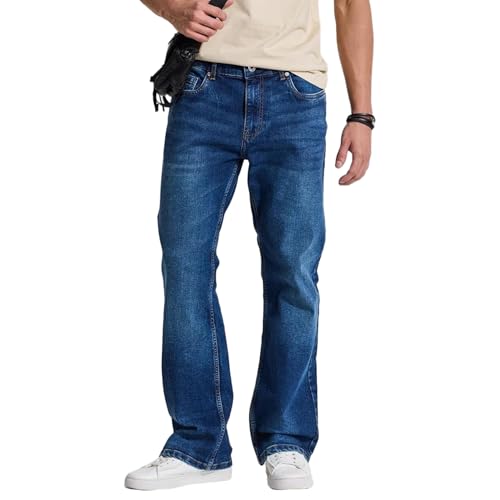 Image of SNITCH Mens Contrast Stitch Coin Pocket Full Length Cotton Lycra Solid Pattern Light Weight Mid Rise Bootcut Jeans