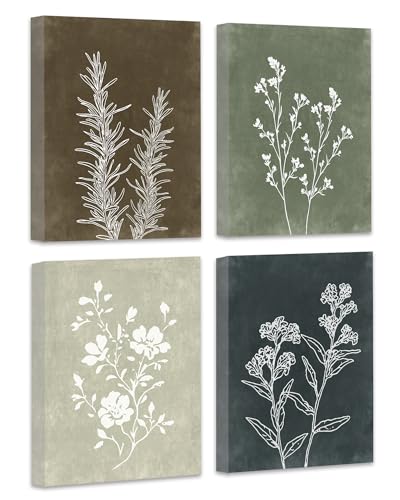 Drsoum Framed Boho Wall Art Set of 4 Wooded Vintage Botanical Prints Retro Plants Rustic Antique for Bathroom Farmhouse Kitchen Home Decor Ready to Hang 8x10inx4pcs (Framed)